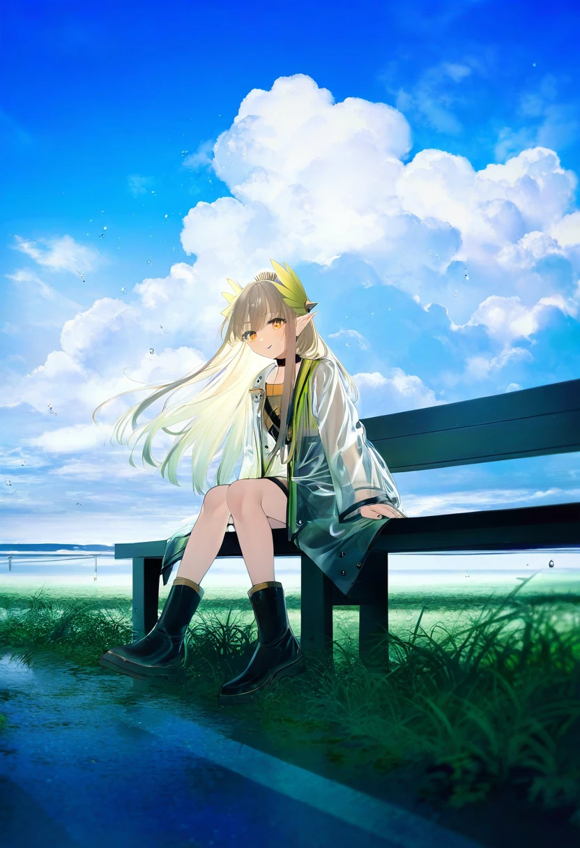 achiki,au \(d elete\),[hito komoru,tianliang duohe fangdongye],(toosaka asagi), - 1girl,muelsyse \(arknights\),arknights,cloudy sky,grass,on bench,outdoors,rain,road,yellow rubber boots,see-through coat,sitting,transparent raincoat,water drop,