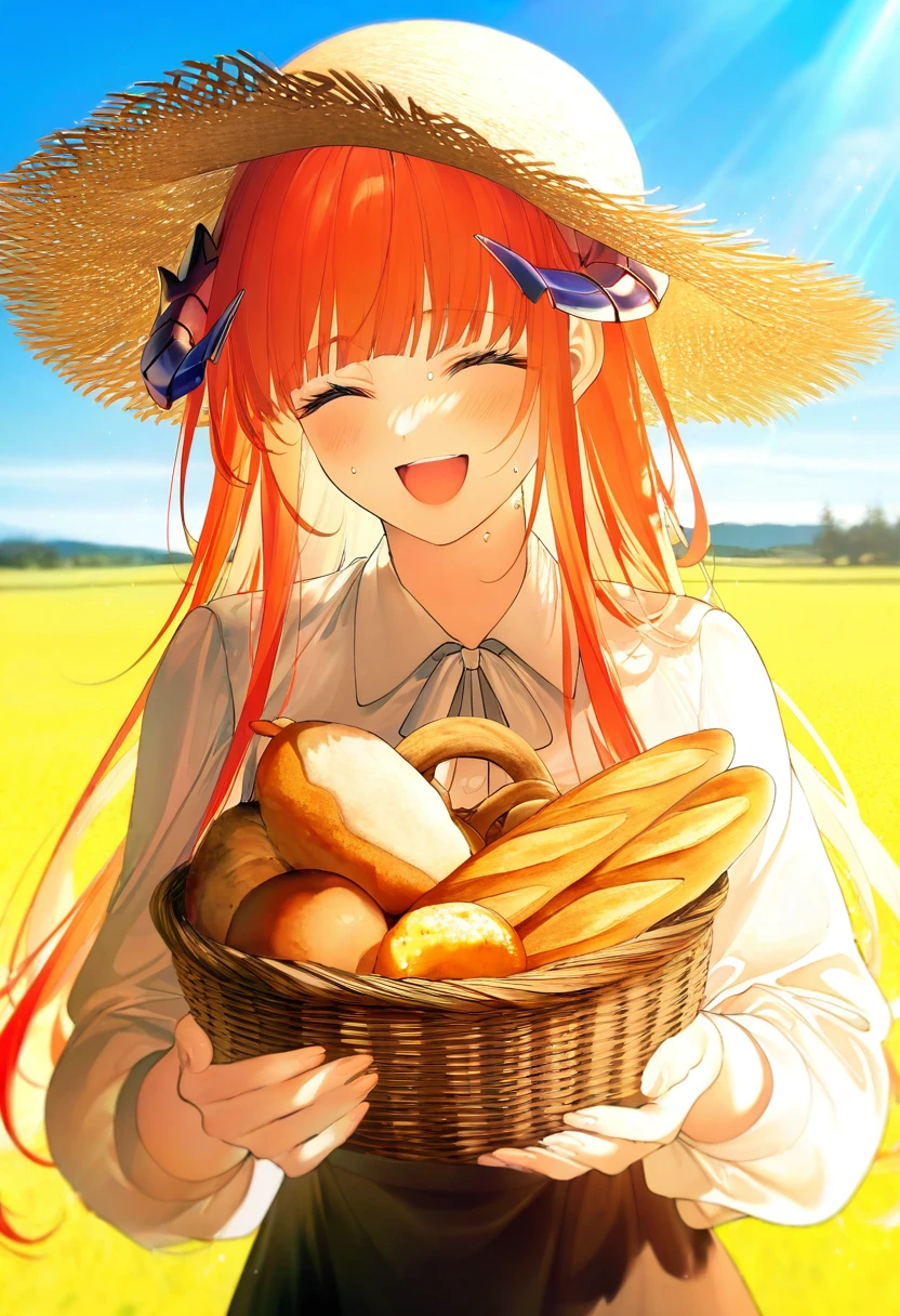 achiki,au \(d elete\),[hito komoru,tianliang duohe fangdongye],(toosaka asagi), - 1girl,bagpipe \(arknights\),arknights,baguette,blush,bread,croissant,holding basket,pretzel,upper body,straw hat,field,sky,laughing,sweat,sunlight,