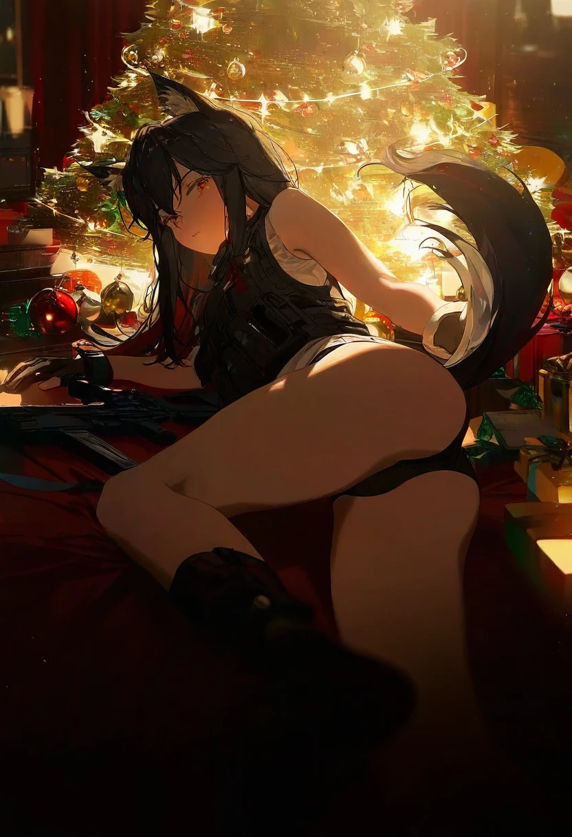 miv4t,[[[quasarcake]]],fajyobore ,[[[[[skyrick9413]]]]],[[ask \(askzy\)]], - 1girl,texas \(arknights\),arknights,underwear,tactical vest,christmas tree,christmas ornaments,