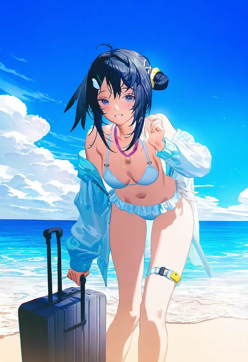 miv4t,[[[quasarcake]]],fajyobore ,[[[[[skyrick9413]]]]],[[ask \(askzy\)]], - 1girl,la pluma \(summer flowers\) \(arknights\),arknights,white bikini,outdoors,navel,day,sky,blue sky,beach,suitcase,looking at viewer,ocean,low-tied long hair,leaning forward,standing,holding,frills,hand up,bare shoulders,floating hair,