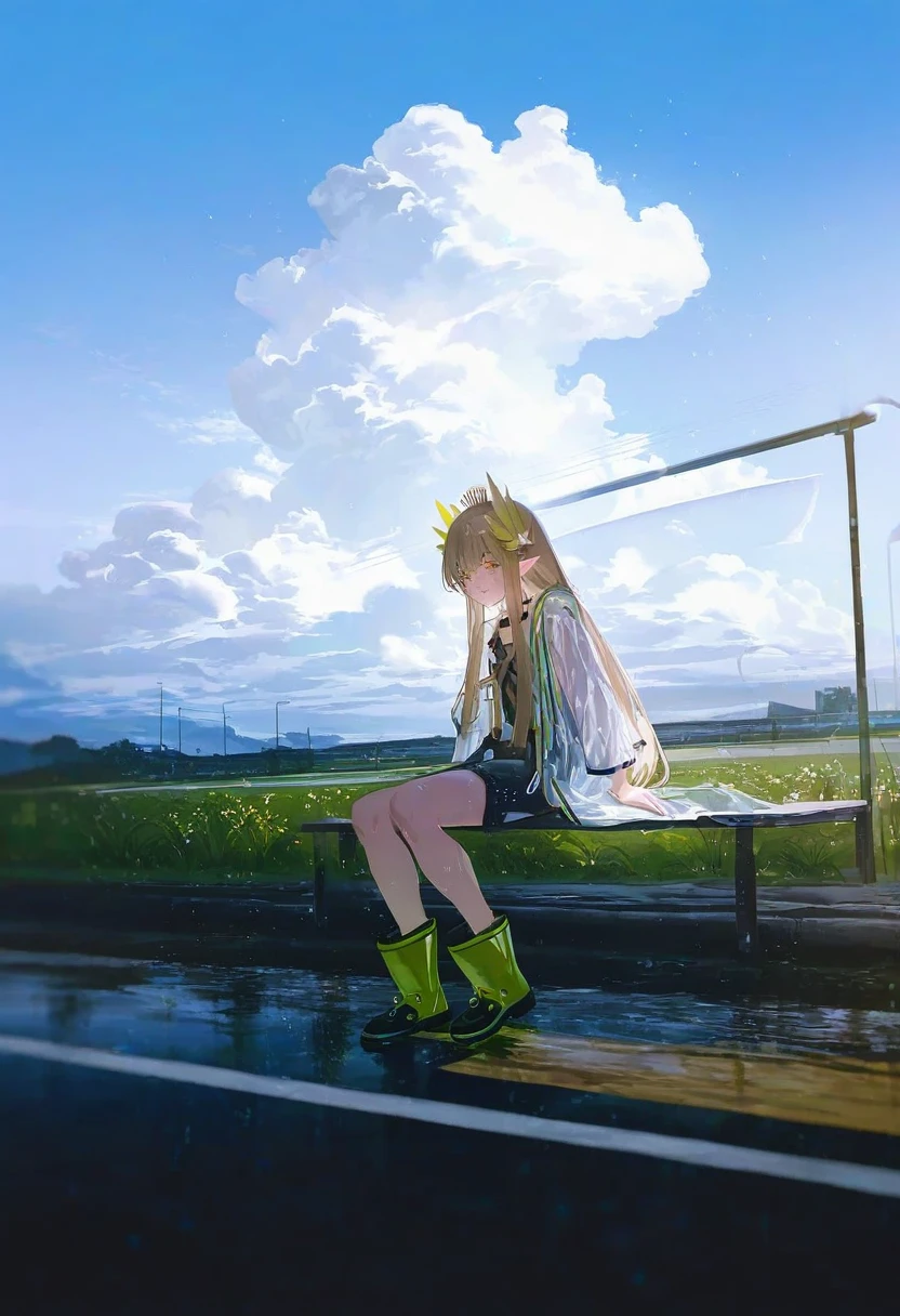 miv4t,[[[quasarcake]]],fajyobore ,[[[[[skyrick9413]]]]],[[ask \(askzy\)]], - 1girl,muelsyse \(arknights\),arknights,cloudy sky,grass,on bench,outdoors,rain,road,yellow rubber boots,see-through coat,sitting,transparent raincoat,water drop,