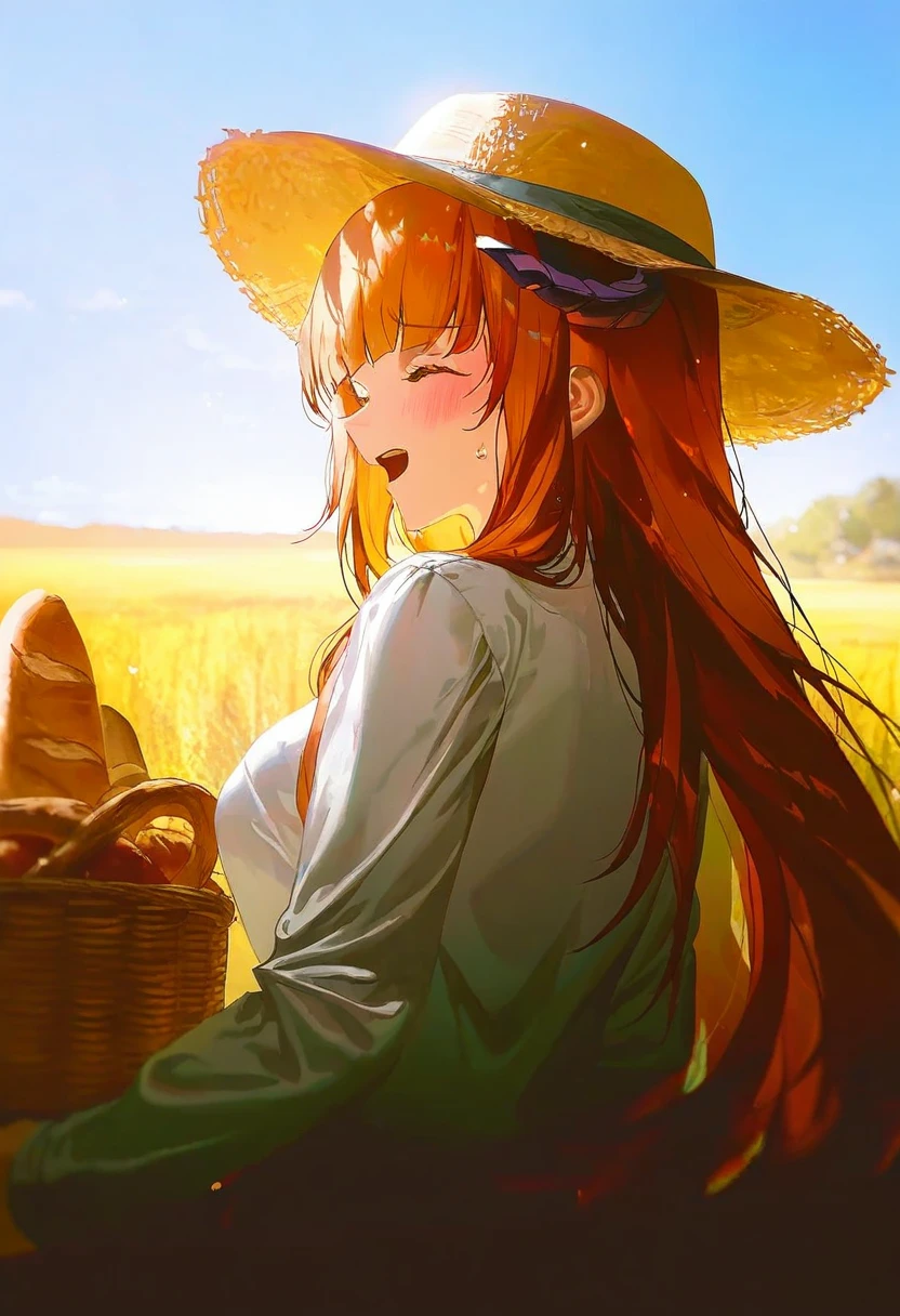 miv4t,[[[quasarcake]]],fajyobore ,[[[[[skyrick9413]]]]],[[ask \(askzy\)]], - 1girl,bagpipe \(arknights\),arknights,baguette,blush,bread,croissant,holding basket,pretzel,upper body,straw hat,field,sky,laughing,sweat,sunlight,