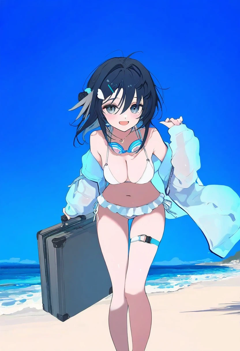 (mochizuki kei),wlop,mikozin,enkyo yuuichirou,tianliang duohe fangdongye, - 1girl,la pluma \(summer flowers\) \(arknights\),arknights,white bikini,outdoors,navel,day,sky,blue sky,beach,suitcase,looking at viewer,ocean,low-tied long hair,leaning forward,standing,holding,frills,hand up,bare shoulders,floating hair,