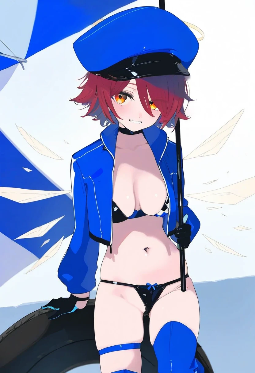 (mochizuki kei),wlop,mikozin,enkyo yuuichirou,tianliang duohe fangdongye, - 1girl,exusiai \(arknights\),arknights,black gloves,black panties,blue thigh boots,blue hat,blue jacket,long sleeves,race queen,thigh strap,thong,single bare shoulder,skindentation,tire,