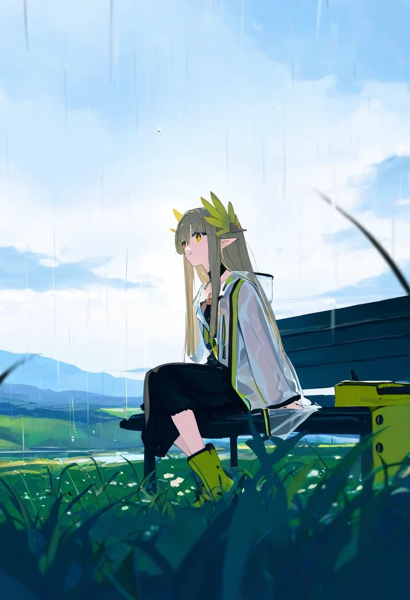 (mochizuki kei),wlop,mikozin,enkyo yuuichirou,tianliang duohe fangdongye, - 1girl,muelsyse \(arknights\),arknights,cloudy sky,grass,on bench,outdoors,rain,road,yellow rubber boots,see-through coat,sitting,transparent raincoat,water drop,