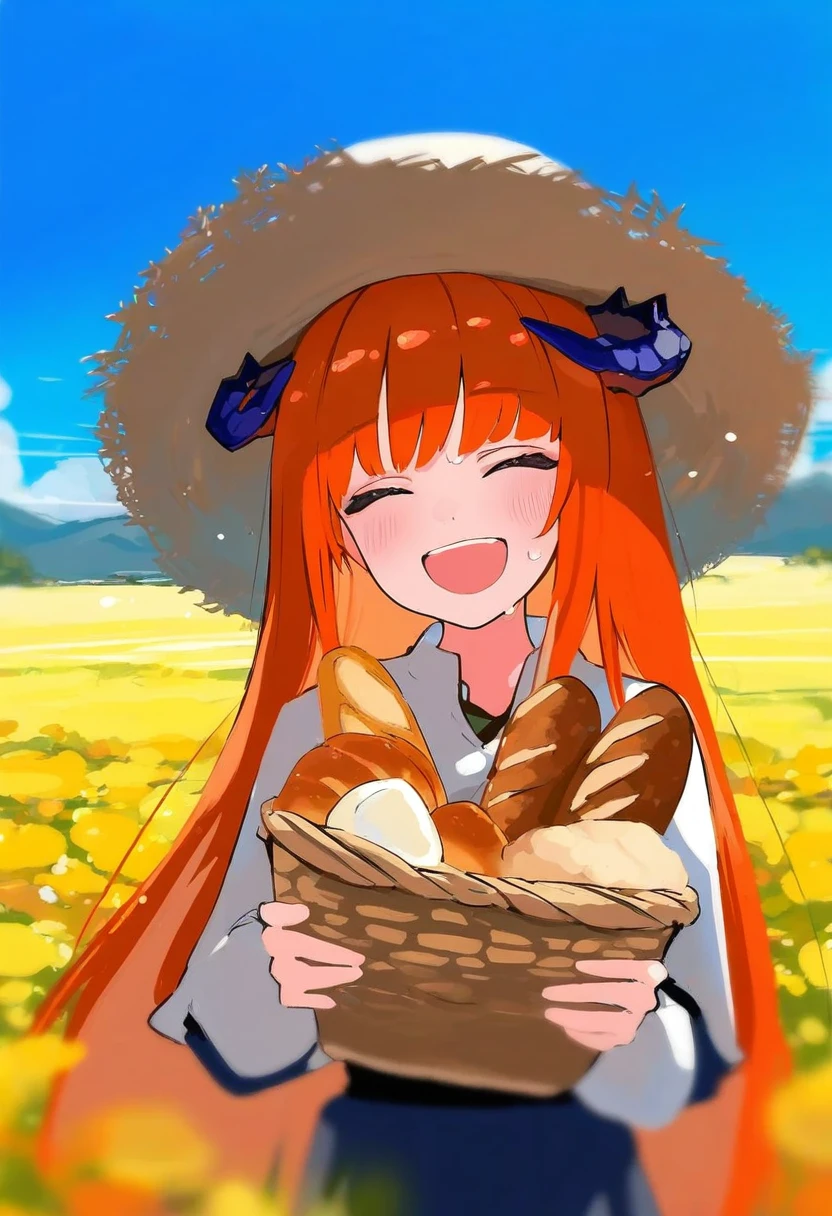 (mochizuki kei),wlop,mikozin,enkyo yuuichirou,tianliang duohe fangdongye, - 1girl,bagpipe \(arknights\),arknights,baguette,blush,bread,croissant,holding basket,pretzel,upper body,straw hat,field,sky,laughing,sweat,sunlight,