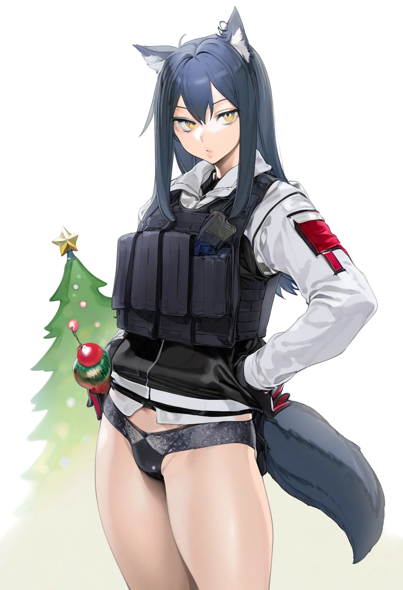 (zunta),ohisashiburi,[[ishikei]], - 1girl,texas \(arknights\),arknights,underwear,tactical vest,christmas tree,christmas ornaments,