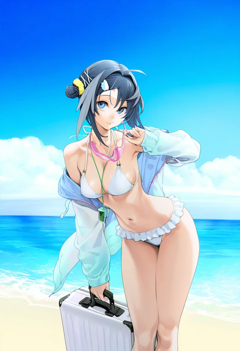 (zunta),ohisashiburi,[[ishikei]], - 1girl,la pluma \(summer flowers\) \(arknights\),arknights,white bikini,outdoors,navel,day,sky,blue sky,beach,suitcase,looking at viewer,ocean,low-tied long hair,leaning forward,standing,holding,frills,hand up,bare shoulders,floating hair,