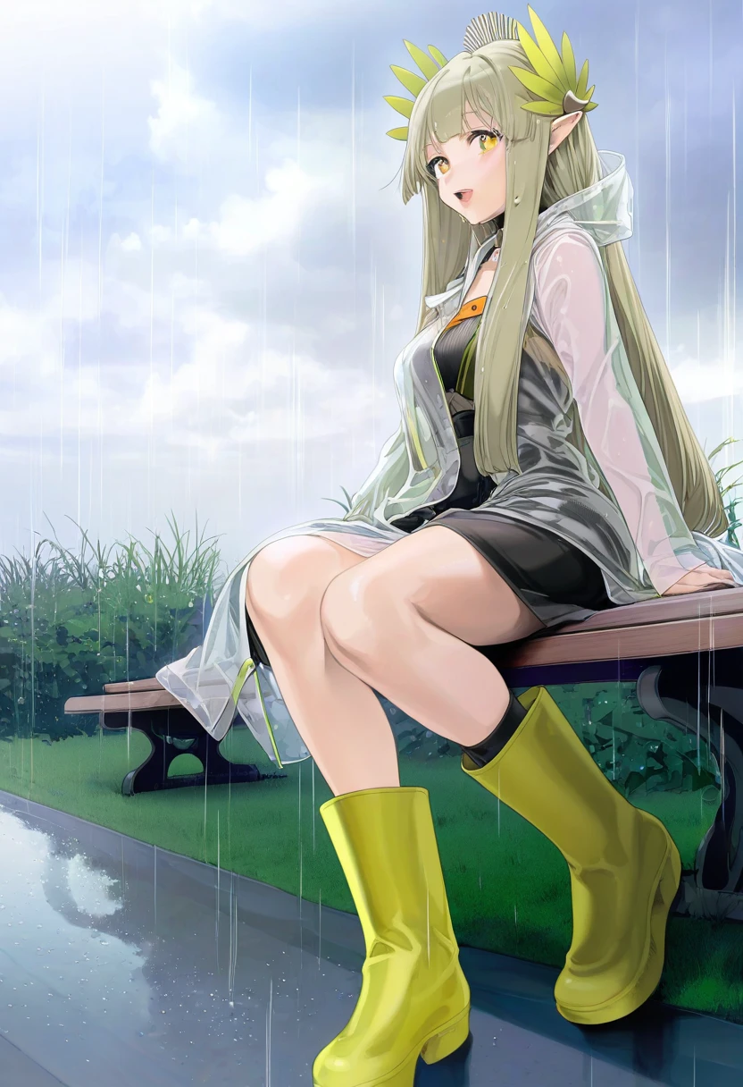 (zunta),ohisashiburi,[[ishikei]], - 1girl,muelsyse \(arknights\),arknights,cloudy sky,grass,on bench,outdoors,rain,road,yellow rubber boots,see-through coat,sitting,transparent raincoat,water drop,