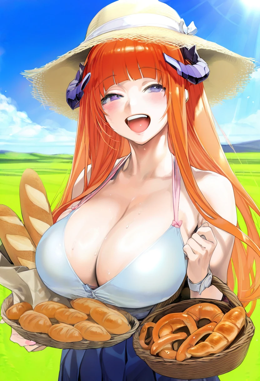 (zunta),ohisashiburi,[[ishikei]], - 1girl,bagpipe \(arknights\),arknights,baguette,blush,bread,croissant,holding basket,pretzel,upper body,straw hat,field,sky,laughing,sweat,sunlight,