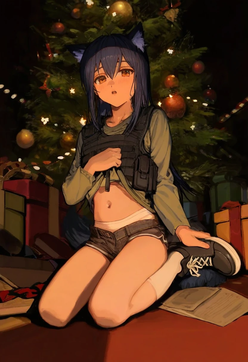 (asakuraf),komota \(kanyou shoujo\) ,konya karasue,(ciloranko,alphonse \(white datura\)),shion \(mirudakemann\), - 1girl,texas \(arknights\),arknights,underwear,tactical vest,christmas tree,christmas ornaments,