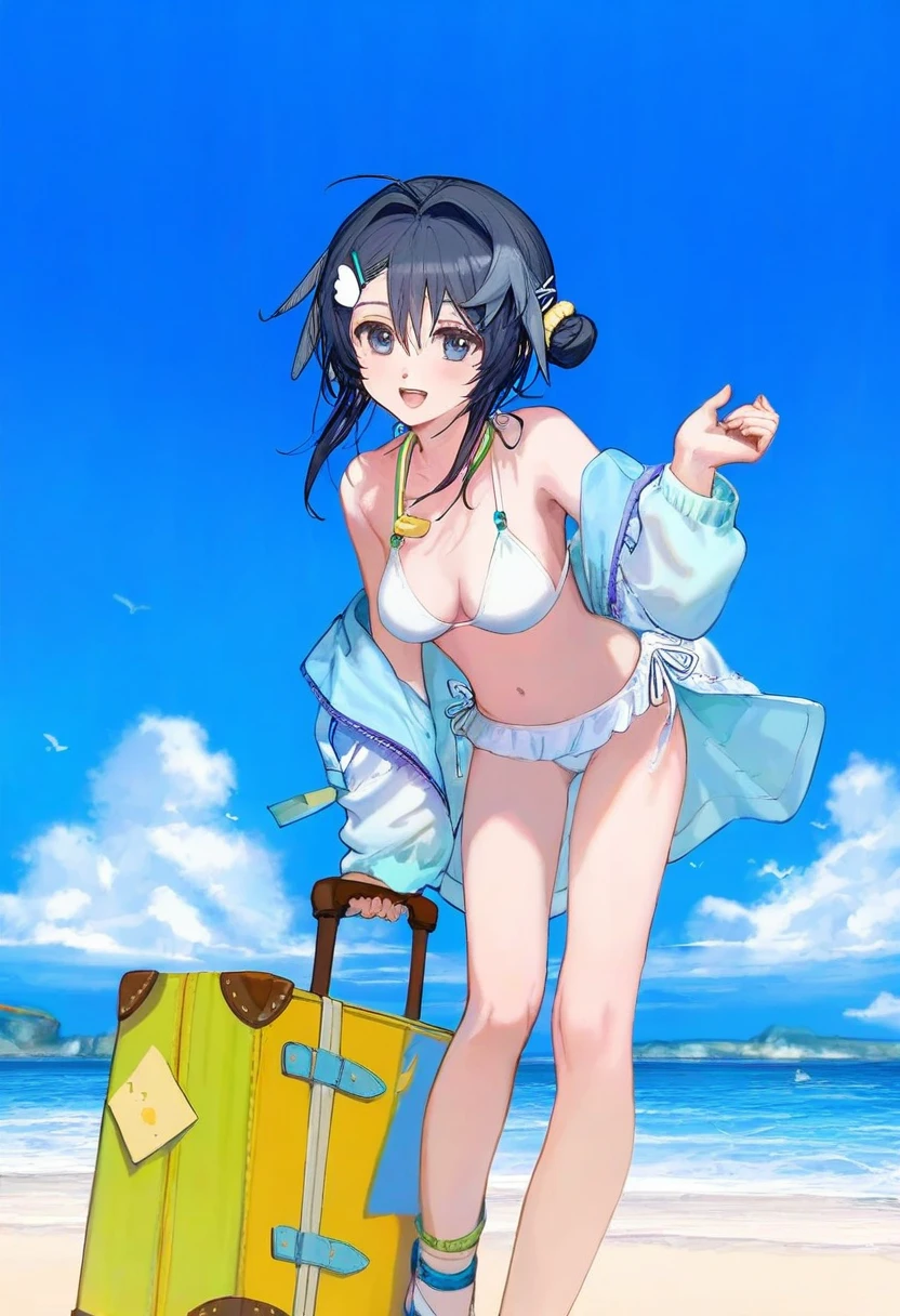 (asakuraf),komota \(kanyou shoujo\) ,konya karasue,(ciloranko,alphonse \(white datura\)),shion \(mirudakemann\), - 1girl,la pluma \(summer flowers\) \(arknights\),arknights,white bikini,outdoors,navel,day,sky,blue sky,beach,suitcase,looking at viewer,ocean,low-tied long hair,leaning forward,standing,holding,frills,hand up,bare shoulders,floating hair,