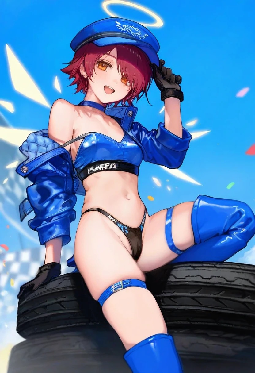 (asakuraf),komota \(kanyou shoujo\) ,konya karasue,(ciloranko,alphonse \(white datura\)),shion \(mirudakemann\), - 1girl,exusiai \(arknights\),arknights,black gloves,black panties,blue thigh boots,blue hat,blue jacket,long sleeves,race queen,thigh strap,thong,single bare shoulder,skindentation,tire,