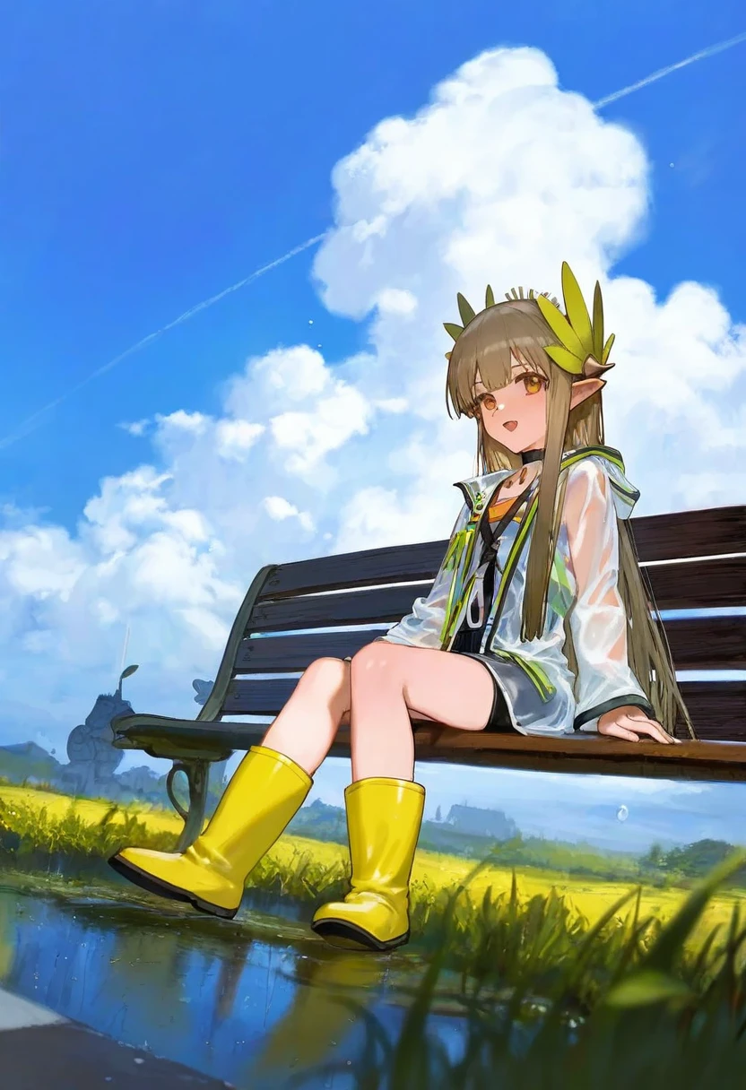 (asakuraf),komota \(kanyou shoujo\) ,konya karasue,(ciloranko,alphonse \(white datura\)),shion \(mirudakemann\), - 1girl,muelsyse \(arknights\),arknights,cloudy sky,grass,on bench,outdoors,rain,road,yellow rubber boots,see-through coat,sitting,transparent raincoat,water drop,
