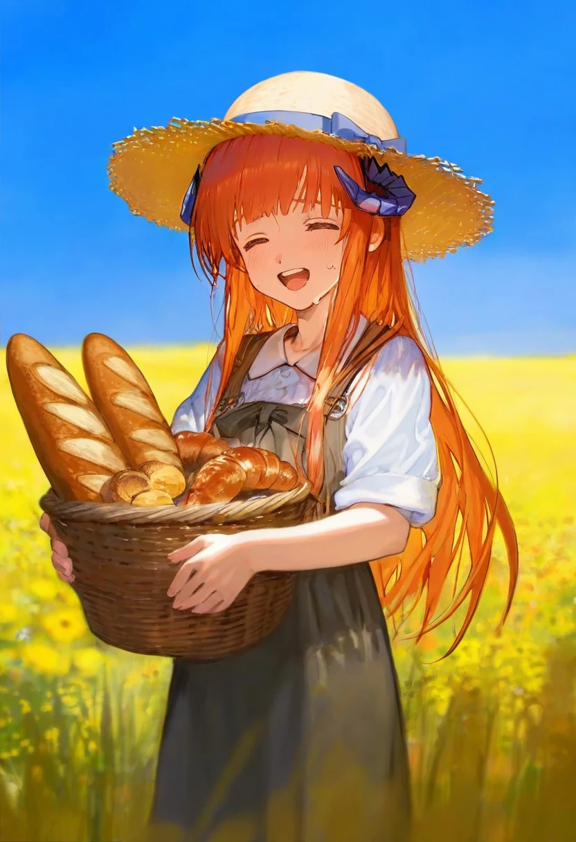 (asakuraf),komota \(kanyou shoujo\) ,konya karasue,(ciloranko,alphonse \(white datura\)),shion \(mirudakemann\), - 1girl,bagpipe \(arknights\),arknights,baguette,blush,bread,croissant,holding basket,pretzel,upper body,straw hat,field,sky,laughing,sweat,sunlight,
