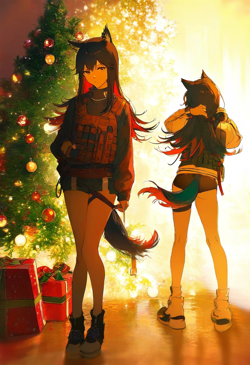 tabi \(tabisumika\),yuumei,rella,konya karasue, - 1girl,texas \(arknights\),arknights,underwear,tactical vest,christmas tree,christmas ornaments,