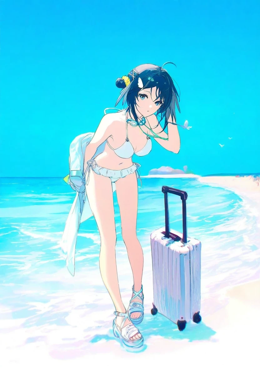 tabi \(tabisumika\),yuumei,rella,konya karasue, - 1girl,la pluma \(summer flowers\) \(arknights\),arknights,white bikini,outdoors,navel,day,sky,blue sky,beach,suitcase,looking at viewer,ocean,low-tied long hair,leaning forward,standing,holding,frills,hand up,bare shoulders,floating hair,