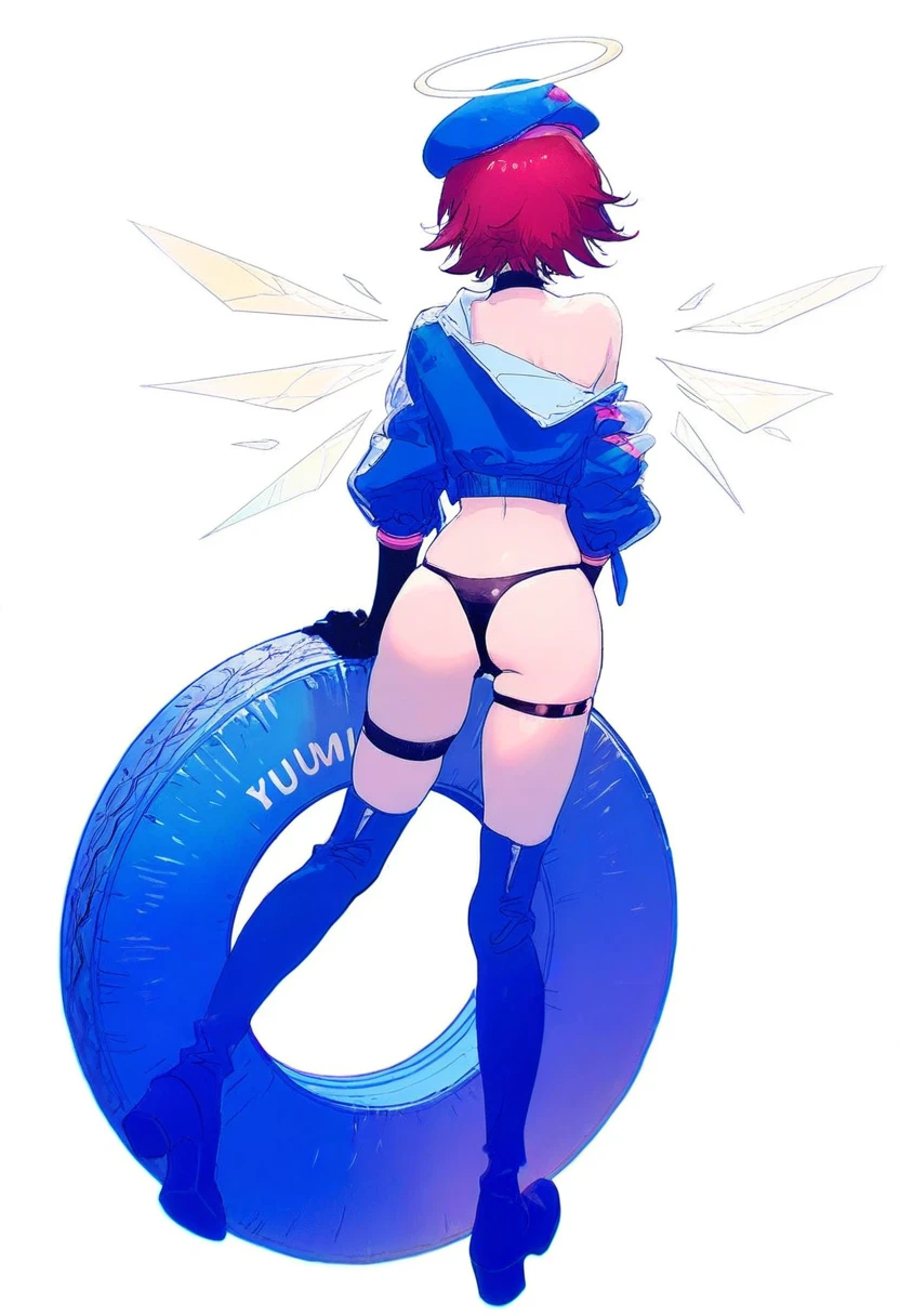 tabi \(tabisumika\),yuumei,rella,konya karasue, - 1girl,exusiai \(arknights\),arknights,black gloves,black panties,blue thigh boots,blue hat,blue jacket,long sleeves,race queen,thigh strap,thong,single bare shoulder,skindentation,tire,