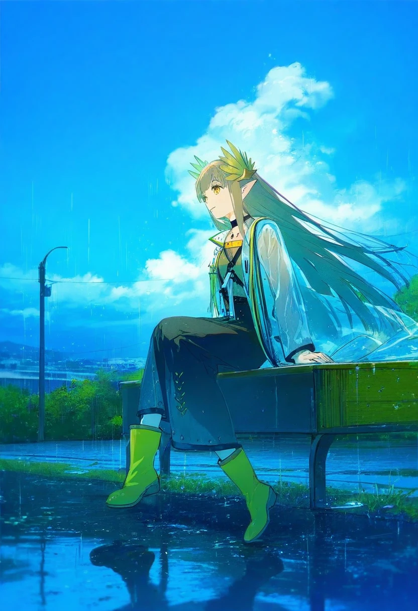 tabi \(tabisumika\),yuumei,rella,konya karasue, - 1girl,muelsyse \(arknights\),arknights,cloudy sky,grass,on bench,outdoors,rain,road,yellow rubber boots,see-through coat,sitting,transparent raincoat,water drop,