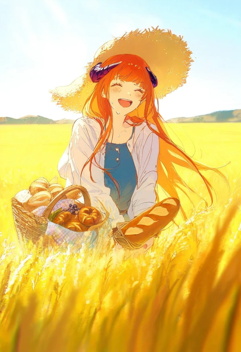 tabi \(tabisumika\),yuumei,rella,konya karasue, - 1girl,bagpipe \(arknights\),arknights,baguette,blush,bread,croissant,holding basket,pretzel,upper body,straw hat,field,sky,laughing,sweat,sunlight,