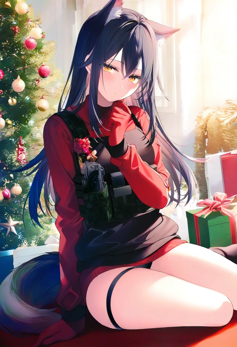 (toosaka asagi),achiki,(rin yuu), - 1girl,texas \(arknights\),arknights,underwear,tactical vest,christmas tree,christmas ornaments,