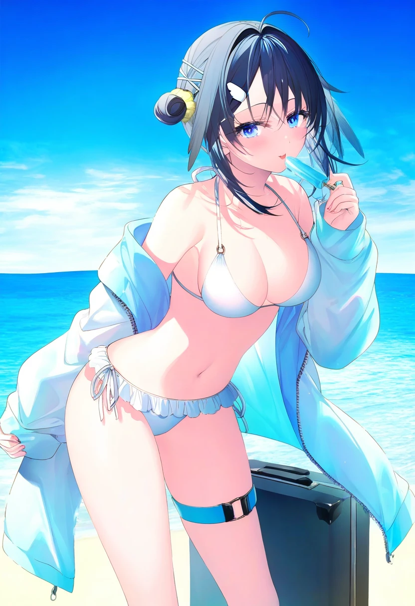 (toosaka asagi),achiki,(rin yuu), - 1girl,la pluma \(summer flowers\) \(arknights\),arknights,white bikini,outdoors,navel,day,sky,blue sky,beach,suitcase,looking at viewer,ocean,low-tied long hair,leaning forward,standing,holding,frills,hand up,bare shoulders,floating hair,