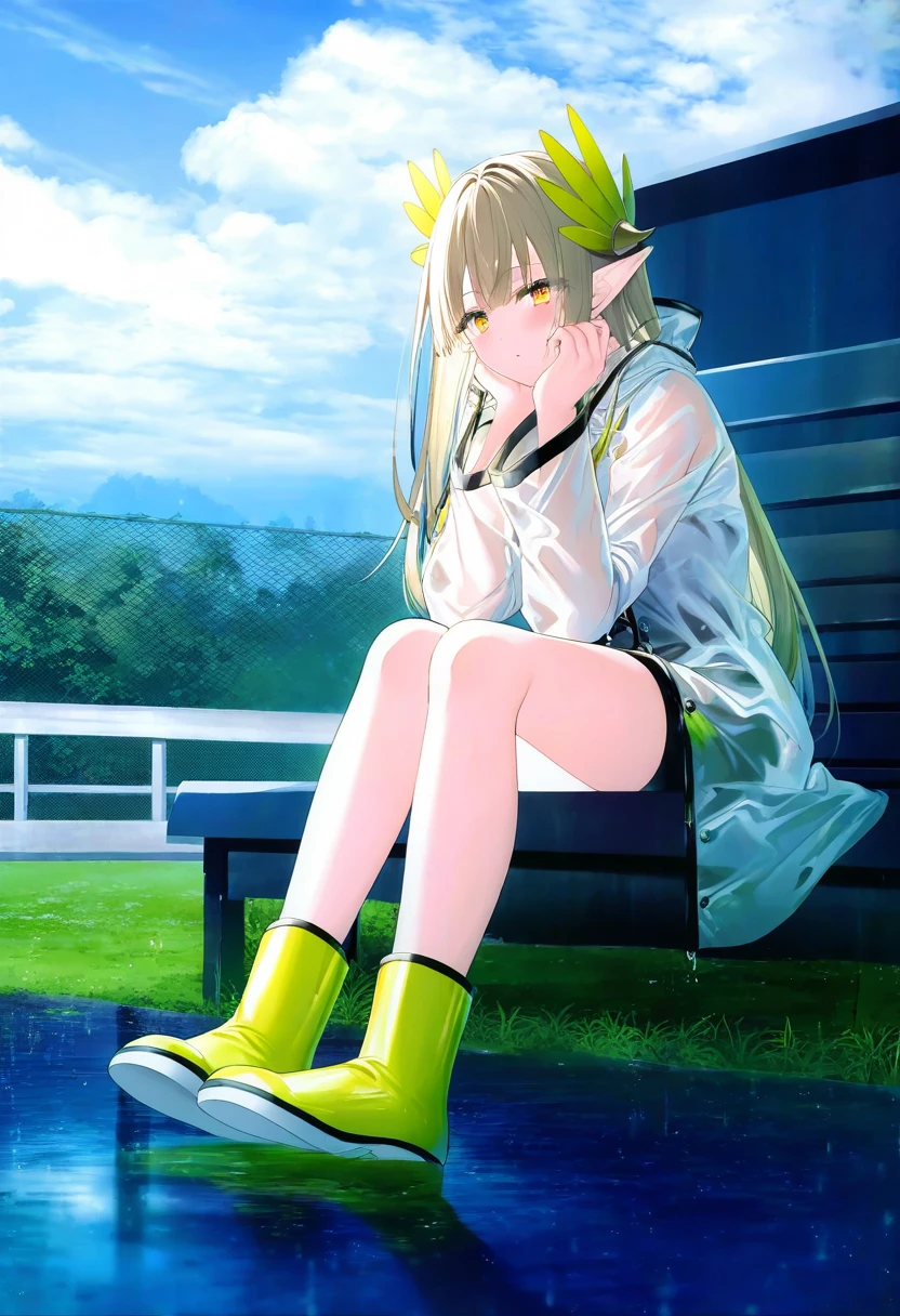 (toosaka asagi),achiki,(rin yuu), - 1girl,muelsyse \(arknights\),arknights,cloudy sky,grass,on bench,outdoors,rain,road,yellow rubber boots,see-through coat,sitting,transparent raincoat,water drop,