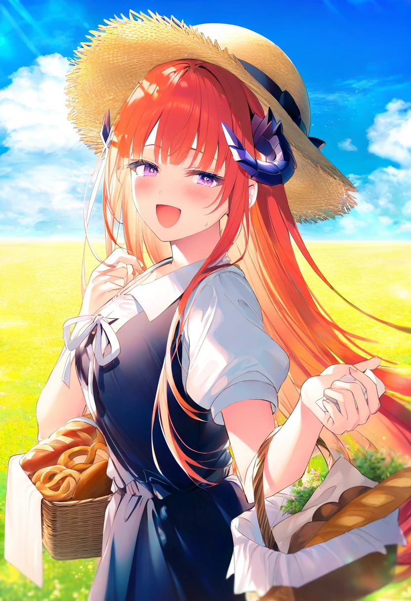 (toosaka asagi),achiki,(rin yuu), - 1girl,bagpipe \(arknights\),arknights,baguette,blush,bread,croissant,holding basket,pretzel,upper body,straw hat,field,sky,laughing,sweat,sunlight,