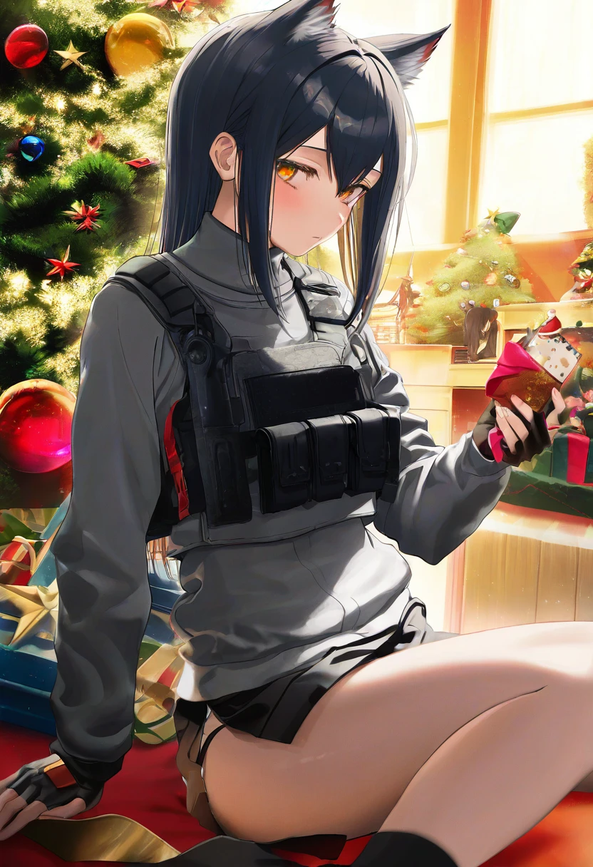 ((mashiro shiki)),[[gusha s,wanke,yoneyama mai,silvertsuki,hiro \(dismaless\)]], - 1girl,texas \(arknights\),arknights,underwear,tactical vest,christmas tree,christmas ornaments,