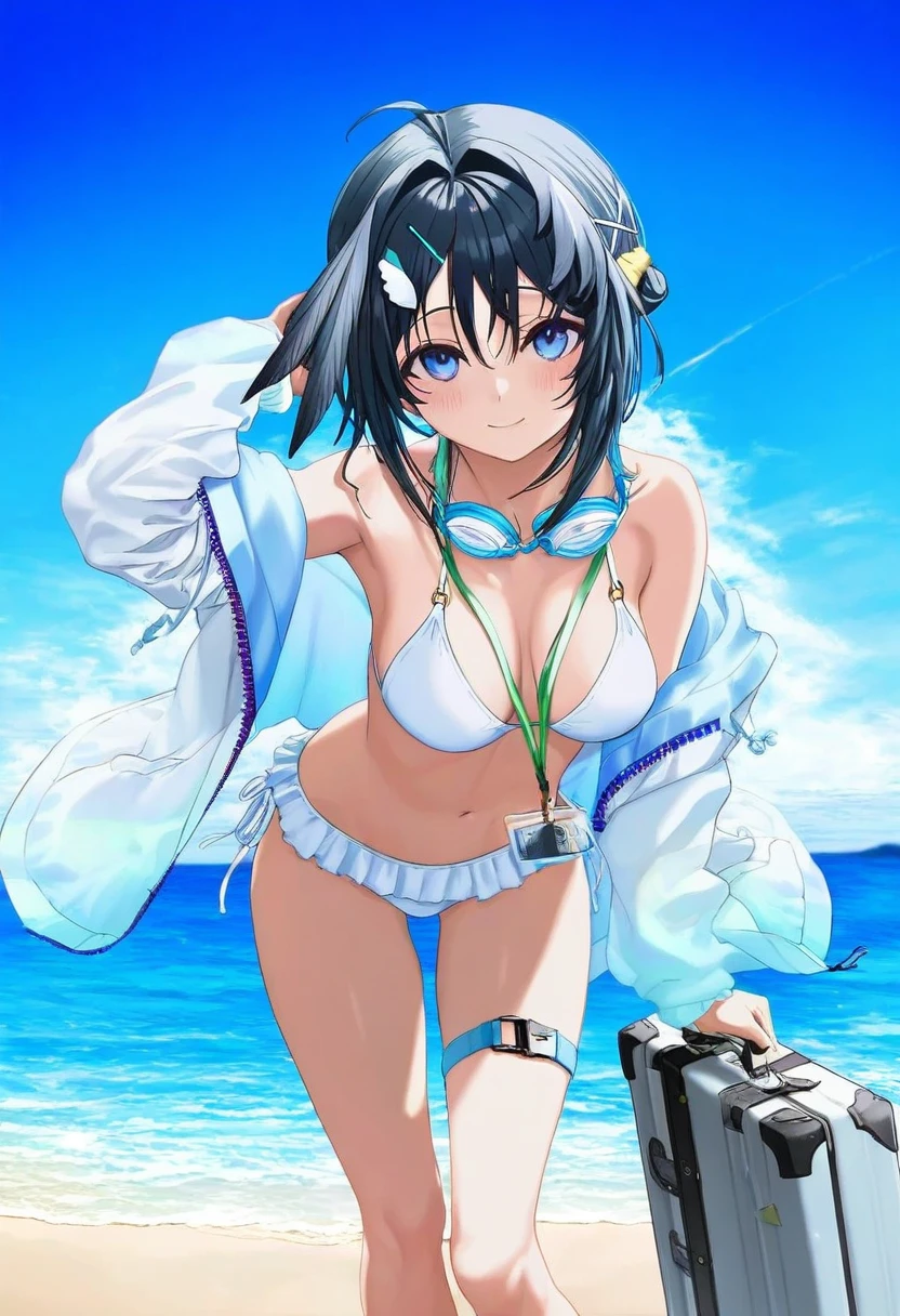 ((mashiro shiki)),[[gusha s,wanke,yoneyama mai,silvertsuki,hiro \(dismaless\)]], - 1girl,la pluma \(summer flowers\) \(arknights\),arknights,white bikini,outdoors,navel,day,sky,blue sky,beach,suitcase,looking at viewer,ocean,low-tied long hair,leaning forward,standing,holding,frills,hand up,bare shoulders,floating hair,