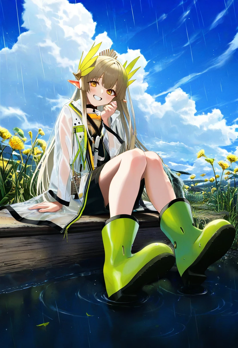 ((mashiro shiki)),[[gusha s,wanke,yoneyama mai,silvertsuki,hiro \(dismaless\)]], - 1girl,muelsyse \(arknights\),arknights,cloudy sky,grass,on bench,outdoors,rain,road,yellow rubber boots,see-through coat,sitting,transparent raincoat,water drop,