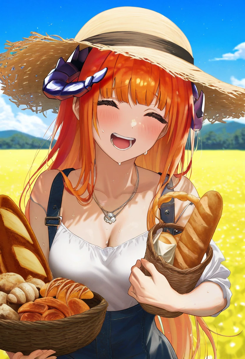 ((mashiro shiki)),[[gusha s,wanke,yoneyama mai,silvertsuki,hiro \(dismaless\)]], - 1girl,bagpipe \(arknights\),arknights,baguette,blush,bread,croissant,holding basket,pretzel,upper body,straw hat,field,sky,laughing,sweat,sunlight,