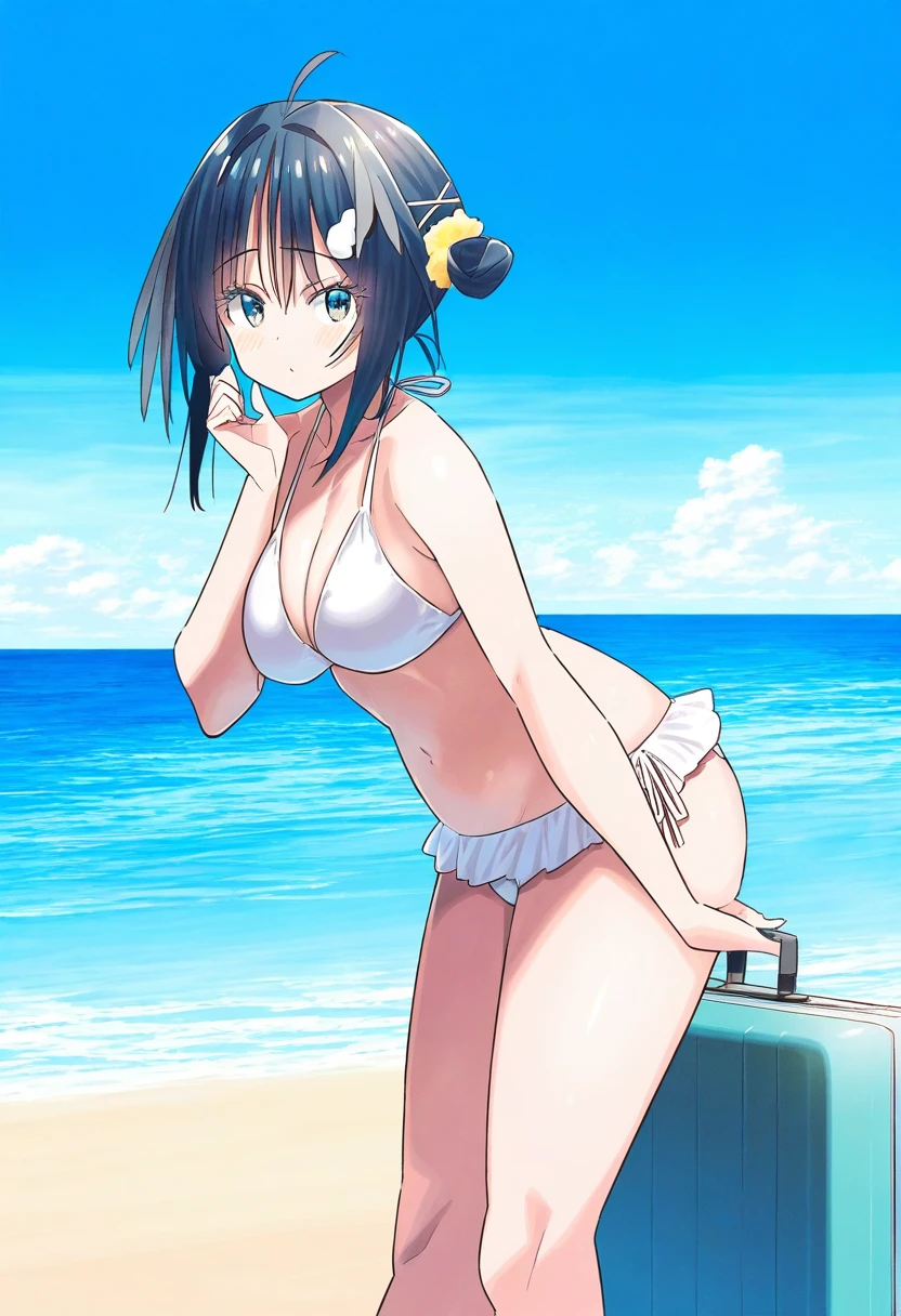 ((kawakami masaki,koh rd)), - 1girl,la pluma \(summer flowers\) \(arknights\),arknights,white bikini,outdoors,navel,day,sky,blue sky,beach,suitcase,looking at viewer,ocean,low-tied long hair,leaning forward,standing,holding,frills,hand up,bare shoulders,floating hair,