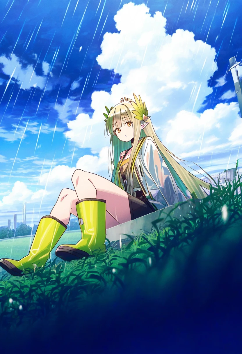 ((kawakami masaki,koh rd)), - 1girl,muelsyse \(arknights\),arknights,cloudy sky,grass,on bench,outdoors,rain,road,yellow rubber boots,see-through coat,sitting,transparent raincoat,water drop,