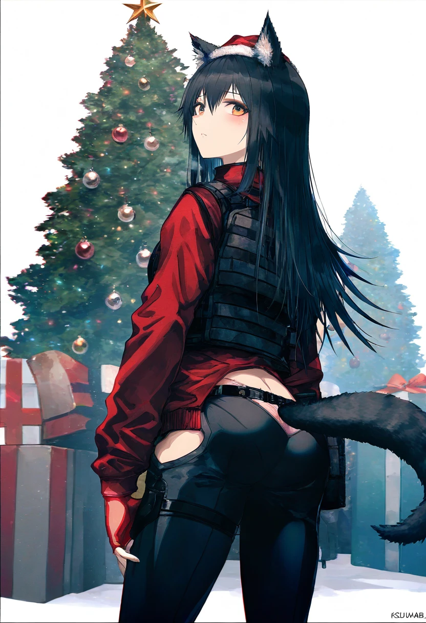 ((k-suwabe,OKAZU)),[[hiten]],WANKE,[ciloranko], - 1girl,texas \(arknights\),arknights,underwear,tactical vest,christmas tree,christmas ornaments,