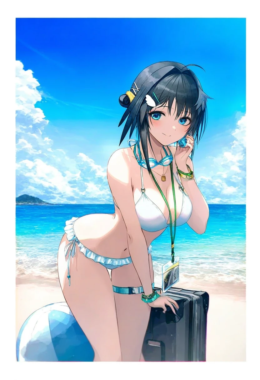 ((k-suwabe,OKAZU)),[[hiten]],WANKE,[ciloranko], - 1girl,la pluma \(summer flowers\) \(arknights\),arknights,white bikini,outdoors,navel,day,sky,blue sky,beach,suitcase,looking at viewer,ocean,low-tied long hair,leaning forward,standing,holding,frills,hand up,bare shoulders,floating hair,