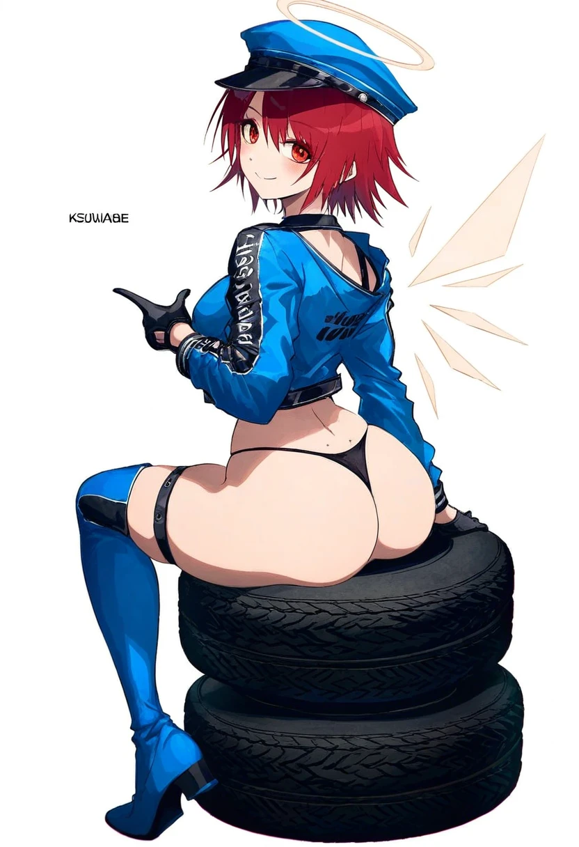 ((k-suwabe,OKAZU)),[[hiten]],WANKE,[ciloranko], - 1girl,exusiai \(arknights\),arknights,black gloves,black panties,blue thigh boots,blue hat,blue jacket,long sleeves,race queen,thigh strap,thong,single bare shoulder,skindentation,tire,