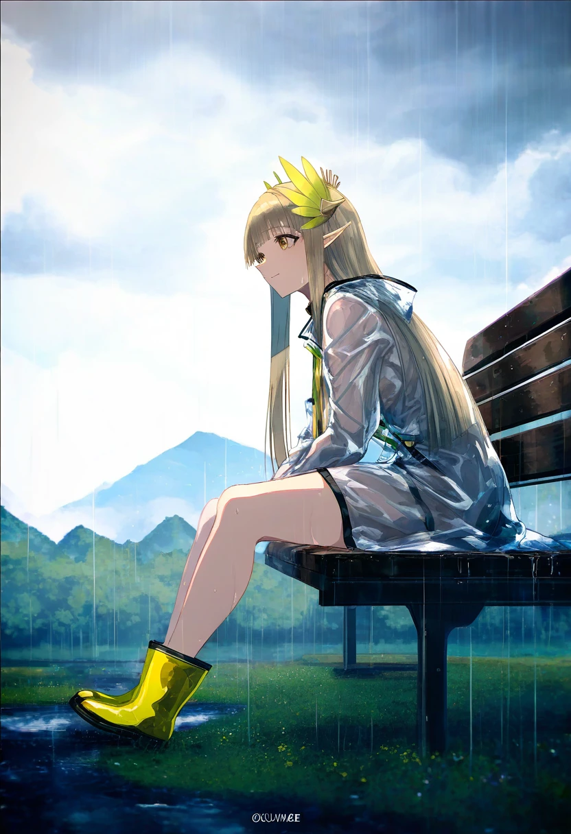 ((k-suwabe,OKAZU)),[[hiten]],WANKE,[ciloranko], - 1girl,muelsyse \(arknights\),arknights,cloudy sky,grass,on bench,outdoors,rain,road,yellow rubber boots,see-through coat,sitting,transparent raincoat,water drop,