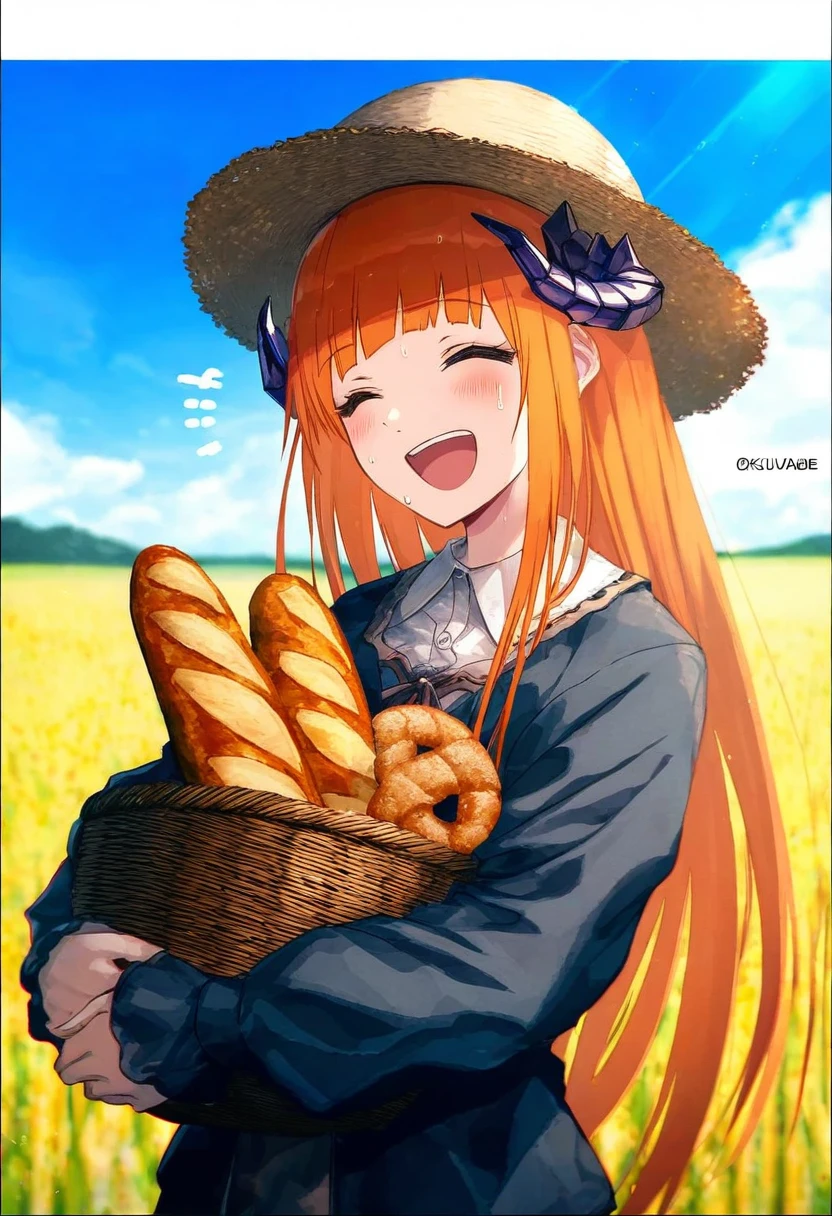 ((k-suwabe,OKAZU)),[[hiten]],WANKE,[ciloranko], - 1girl,bagpipe \(arknights\),arknights,baguette,blush,bread,croissant,holding basket,pretzel,upper body,straw hat,field,sky,laughing,sweat,sunlight,