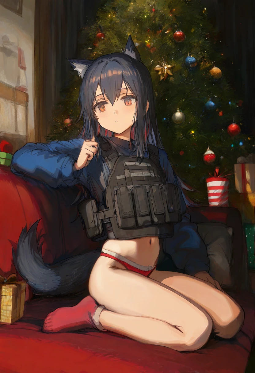 shion \(mirudakemann\),[hews,sho \(sho lwlw\),ciloranko,alphonse \(white datura\)], - 1girl,texas \(arknights\),arknights,underwear,tactical vest,christmas tree,christmas ornaments,