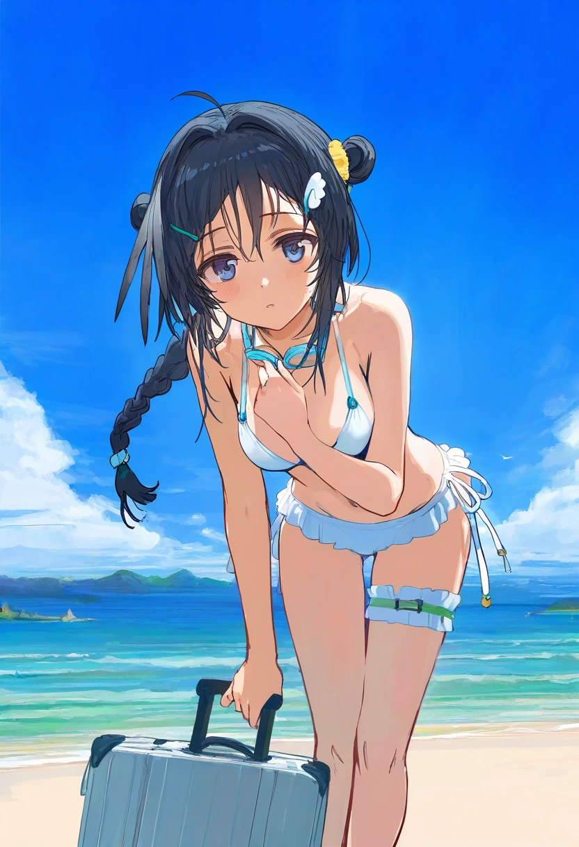 shion \(mirudakemann\),[hews,sho \(sho lwlw\),ciloranko,alphonse \(white datura\)], - 1girl,la pluma \(summer flowers\) \(arknights\),arknights,white bikini,outdoors,navel,day,sky,blue sky,beach,suitcase,looking at viewer,ocean,low-tied long hair,leaning forward,standing,holding,frills,hand up,bare shoulders,floating hair,