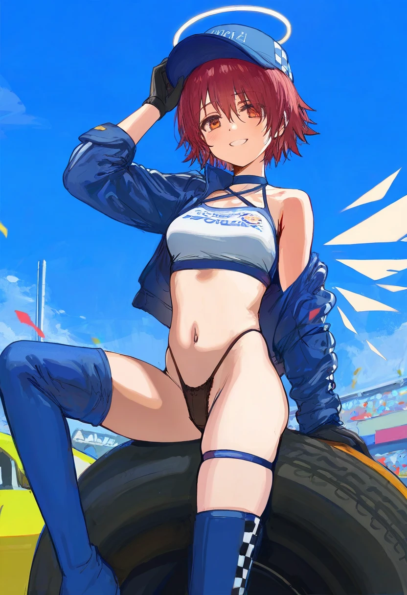 shion \(mirudakemann\),[hews,sho \(sho lwlw\),ciloranko,alphonse \(white datura\)], - 1girl,exusiai \(arknights\),arknights,black gloves,black panties,blue thigh boots,blue hat,blue jacket,long sleeves,race queen,thigh strap,thong,single bare shoulder,skindentation,tire,