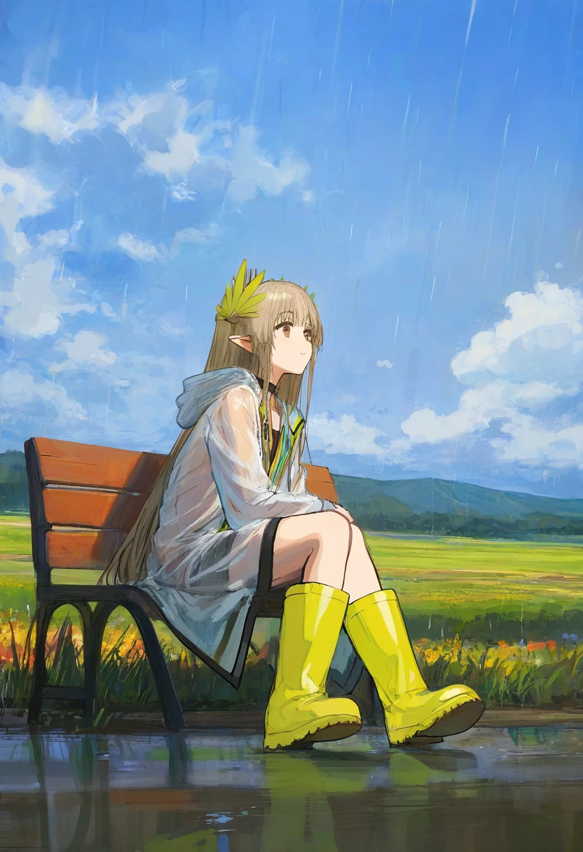 shion \(mirudakemann\),[hews,sho \(sho lwlw\),ciloranko,alphonse \(white datura\)], - 1girl,muelsyse \(arknights\),arknights,cloudy sky,grass,on bench,outdoors,rain,road,yellow rubber boots,see-through coat,sitting,transparent raincoat,water drop,