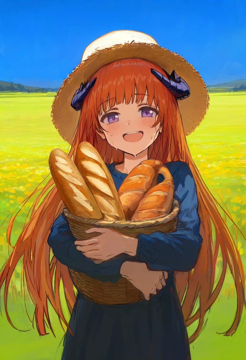 shion \(mirudakemann\),[hews,sho \(sho lwlw\),ciloranko,alphonse \(white datura\)], - 1girl,bagpipe \(arknights\),arknights,baguette,blush,bread,croissant,holding basket,pretzel,upper body,straw hat,field,sky,laughing,sweat,sunlight,