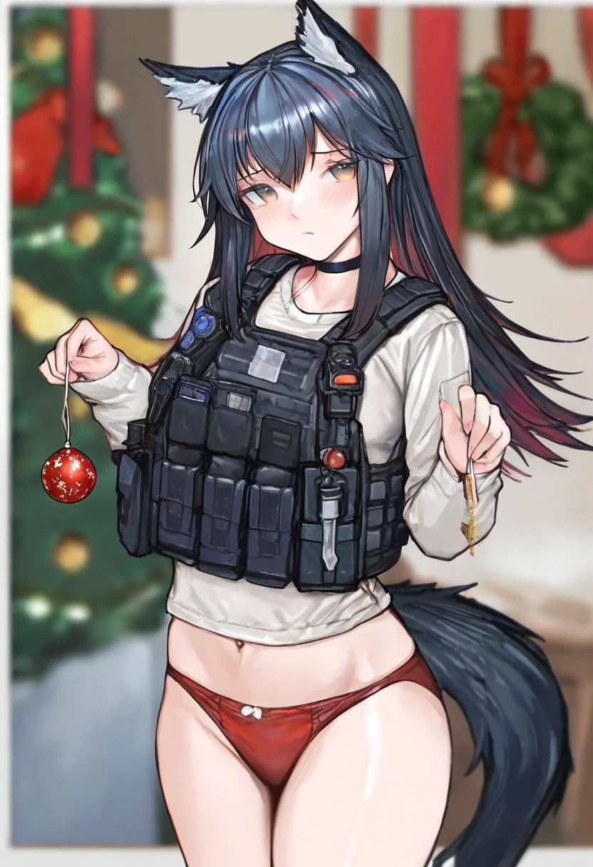 (iuui,ajishio,marushin), - 1girl,texas \(arknights\),arknights,underwear,tactical vest,christmas tree,christmas ornaments,