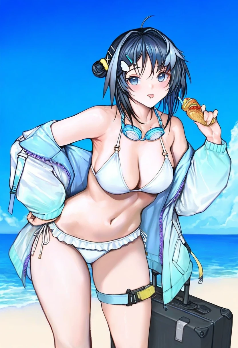 (iuui,ajishio,marushin), - 1girl,la pluma \(summer flowers\) \(arknights\),arknights,white bikini,outdoors,navel,day,sky,blue sky,beach,suitcase,looking at viewer,ocean,low-tied long hair,leaning forward,standing,holding,frills,hand up,bare shoulders,floating hair,