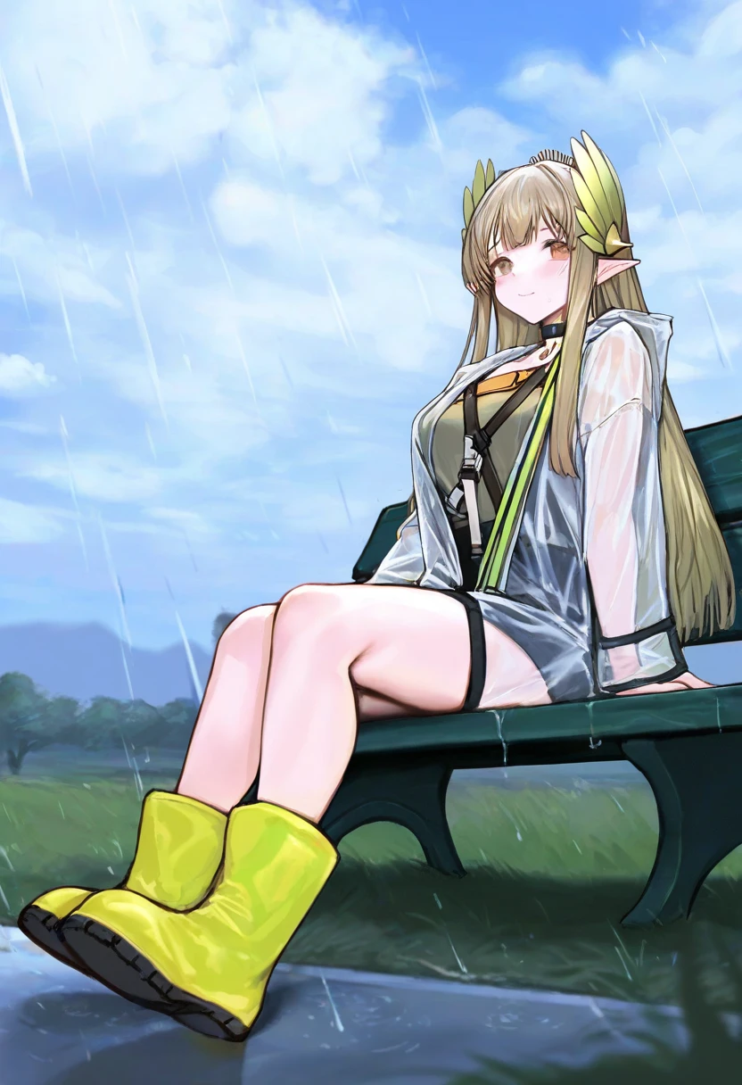 (iuui,ajishio,marushin), - 1girl,muelsyse \(arknights\),arknights,cloudy sky,grass,on bench,outdoors,rain,road,yellow rubber boots,see-through coat,sitting,transparent raincoat,water drop,