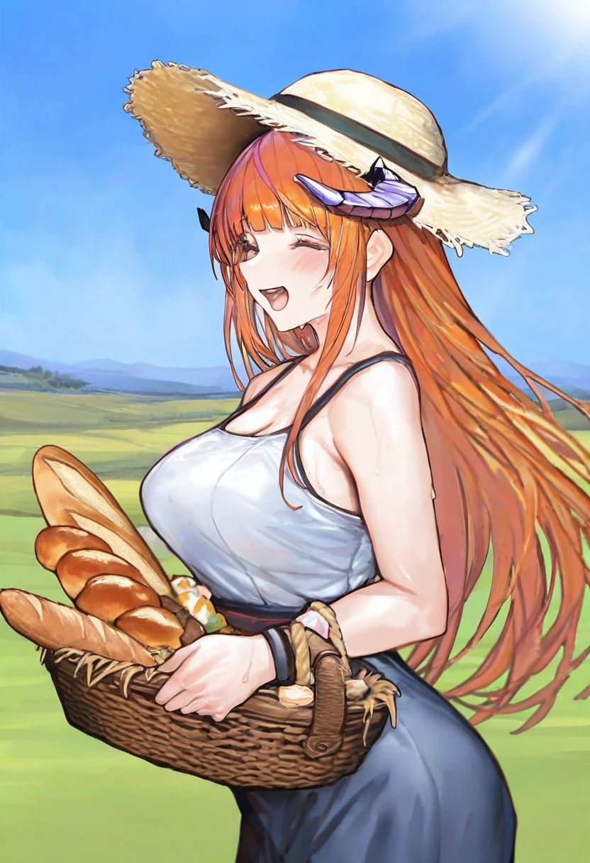 (iuui,ajishio,marushin), - 1girl,bagpipe \(arknights\),arknights,baguette,blush,bread,croissant,holding basket,pretzel,upper body,straw hat,field,sky,laughing,sweat,sunlight,