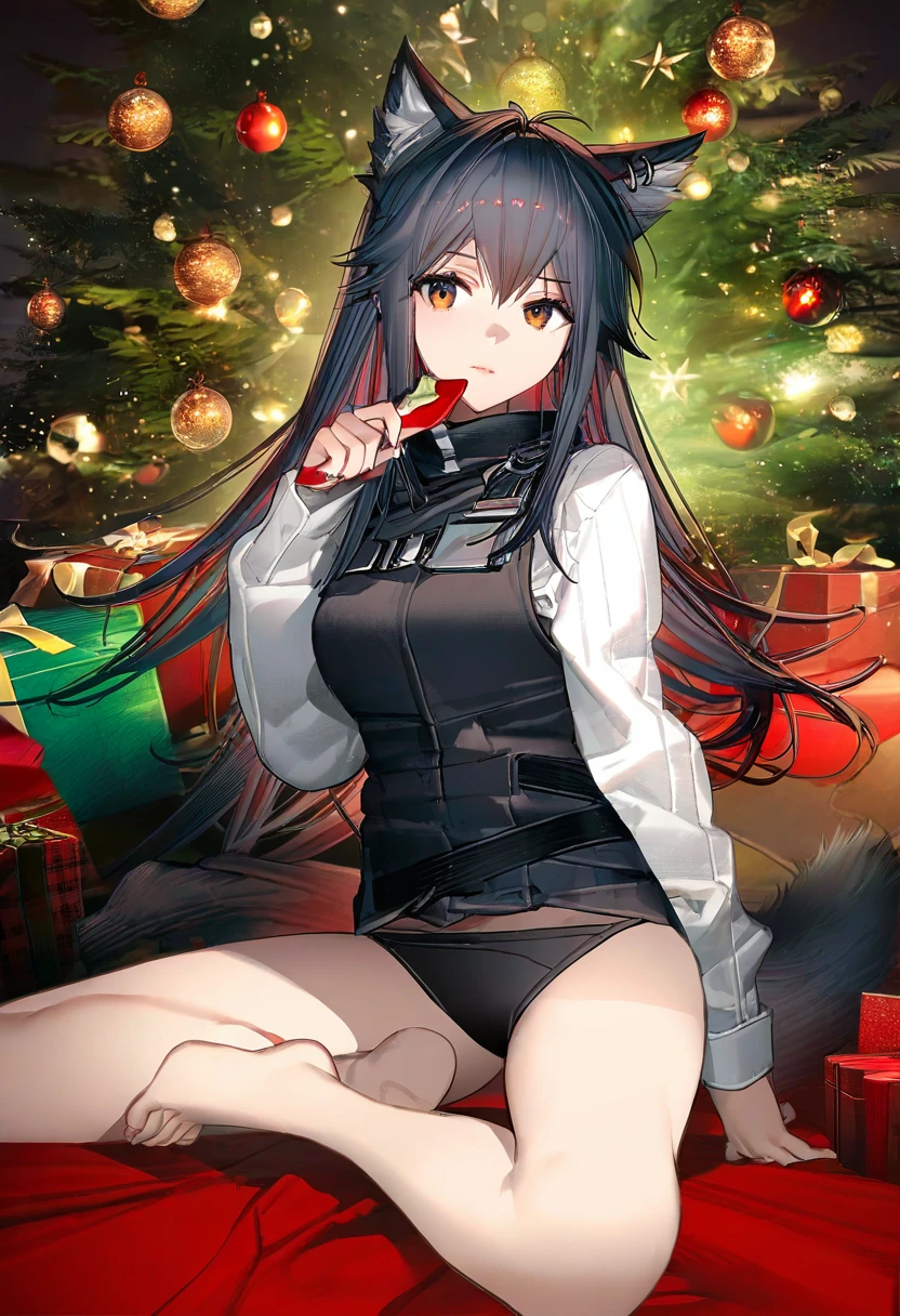 ((nardack,(liduke))),ask \(askzy\), - 1girl,texas \(arknights\),arknights,underwear,tactical vest,christmas tree,christmas ornaments,