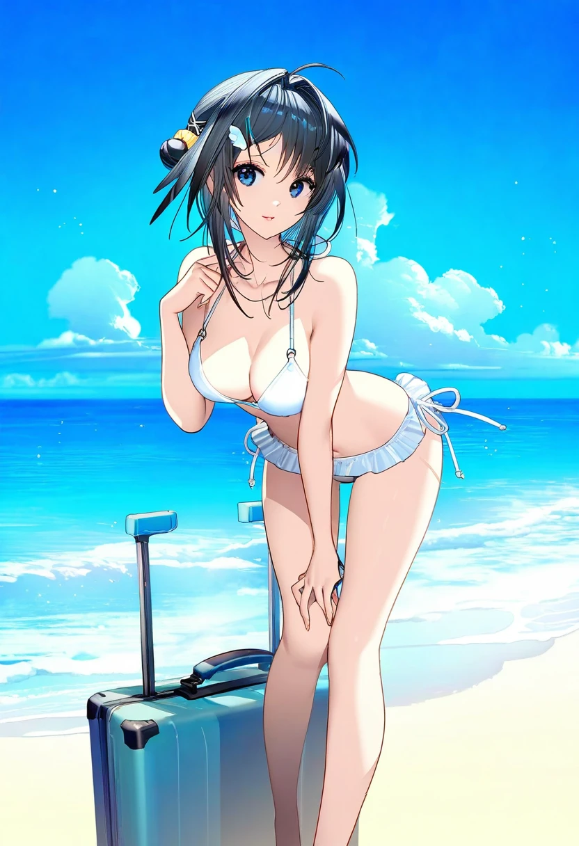 ((nardack,(liduke))),ask \(askzy\), - 1girl,la pluma \(summer flowers\) \(arknights\),arknights,white bikini,outdoors,navel,day,sky,blue sky,beach,suitcase,looking at viewer,ocean,low-tied long hair,leaning forward,standing,holding,frills,hand up,bare shoulders,floating hair,